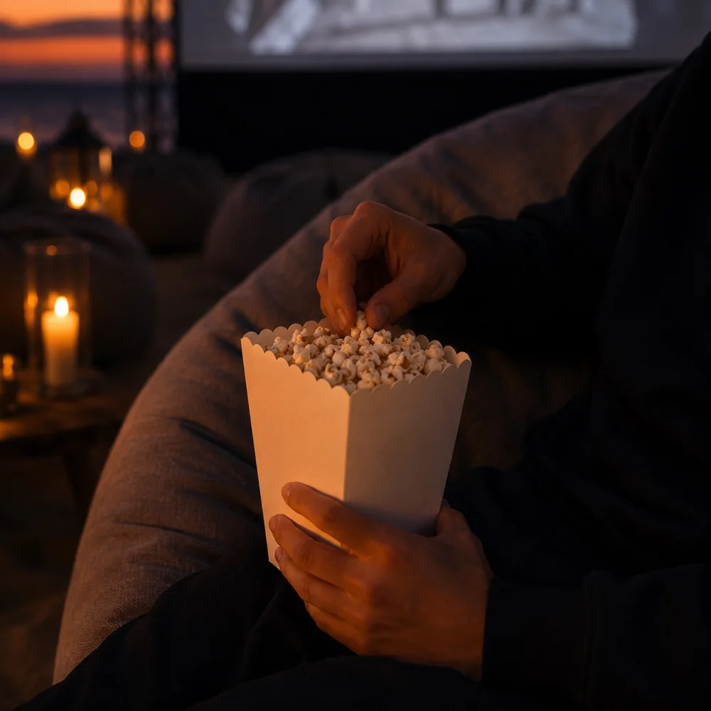 A carton of popcorn held on a beanbag, lanterns and the screen behind it