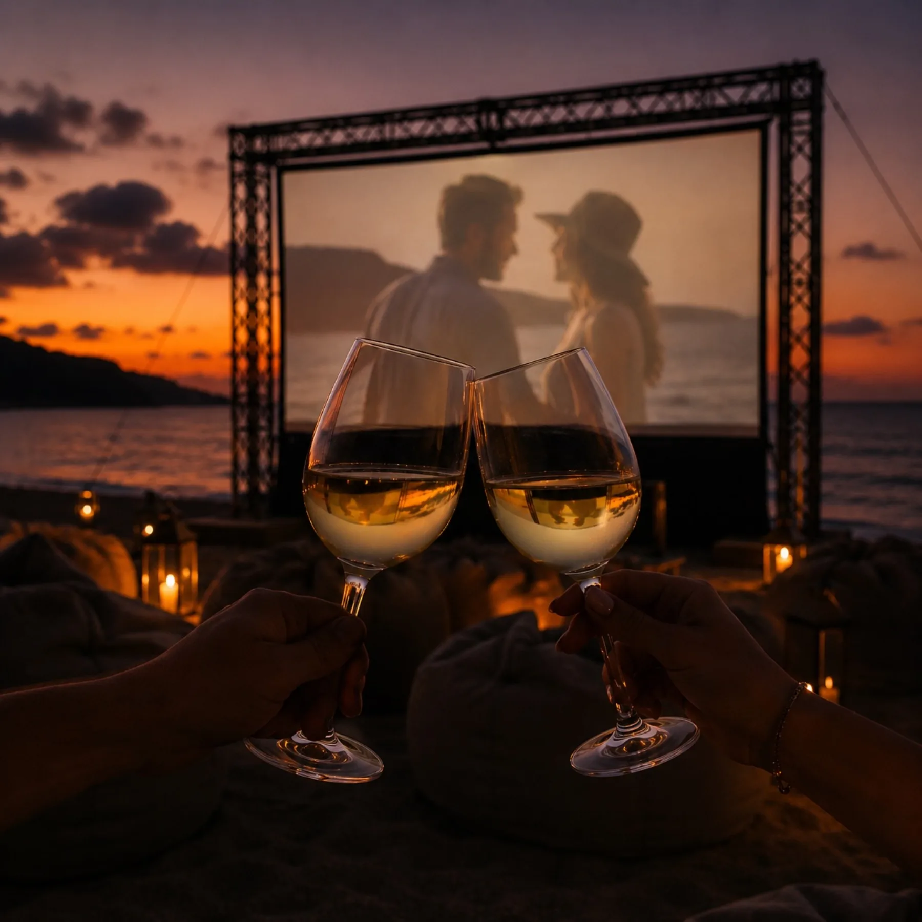 Two glasses raised in front of the lit screen as the sun goes down over the bay at Okaibe
