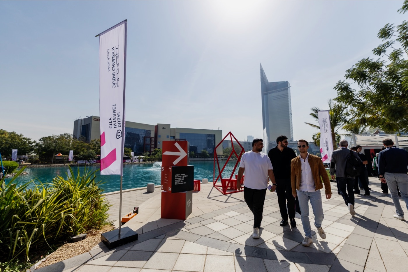 Flags by the lake at Dubai Internet City