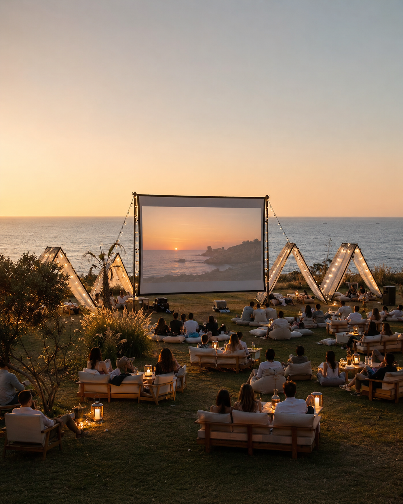 An outdoor cinema screen lit against the sea at sunset, with guests watching from beanbags and lounge sofas on the lawn.