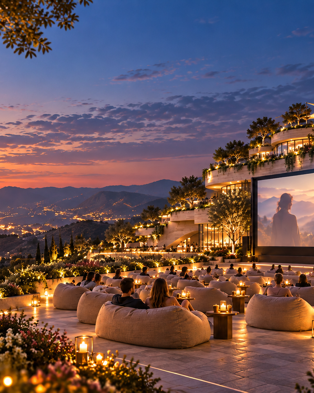 An outdoor cinema screen lit on a hillside terrace at dusk, guests watching from beanbags with the valley lights and the sunset behind them.