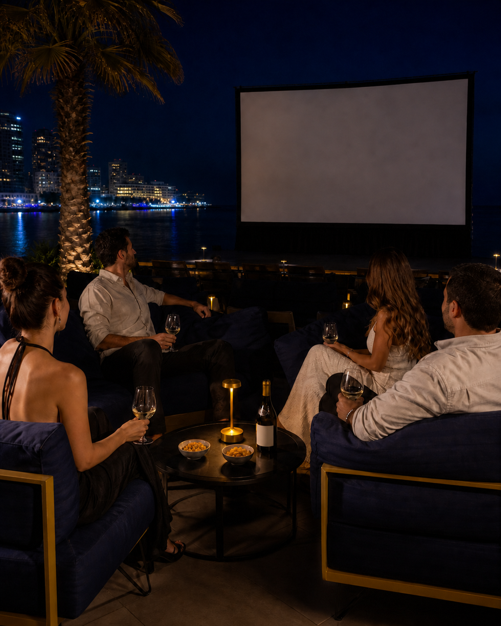 Four adults seated in individual navy lounge chairs with nuts and one shared wine bottle.